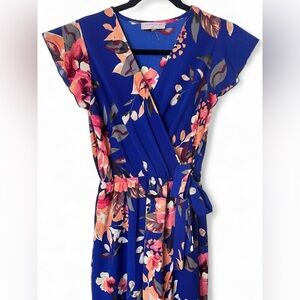 Dream of Me Women's Royal Blue Floral Hi-Low Faux Wrap Dress Medium Boho Summer